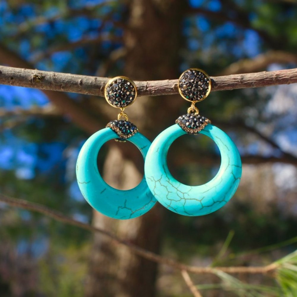 New Blue Turquoise Hoops Dangle Statement Earrings